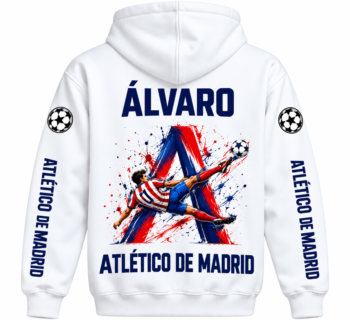Sudadera Atlético de Madrid Blanca con Capucha y Nombre Personalizado