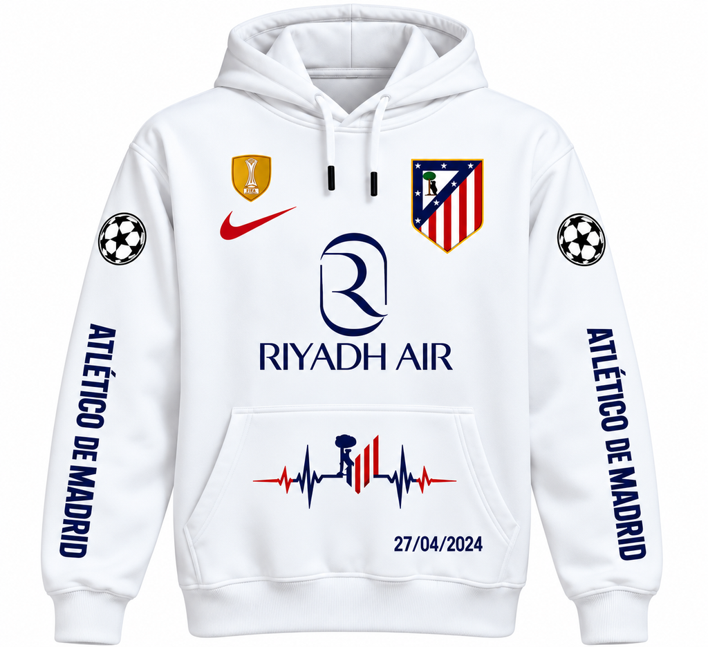 Sudadera Atlético de Madrid Blanca con Capucha y Nombre Personalizado