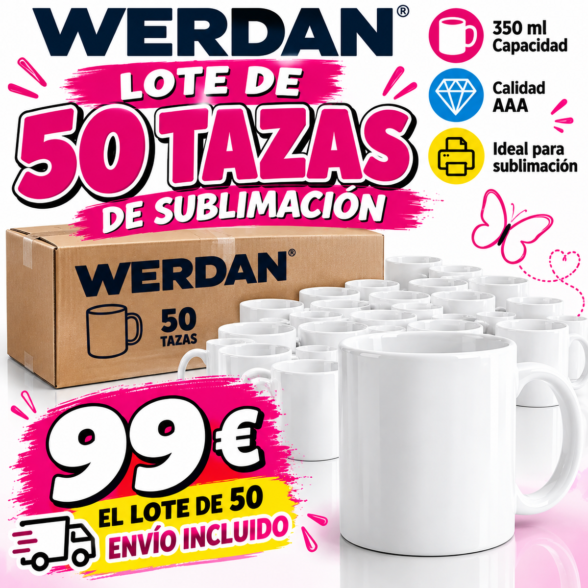 LOTE DE 50 TAZAS DE SUBLIMACIÓN WERDAN